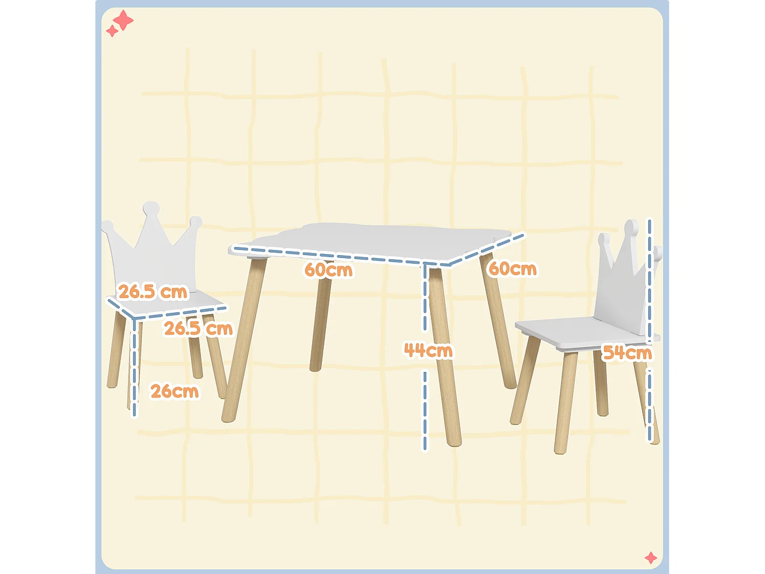 Set tavolo e 2 sedie per bambini con schienale a corona età 3-6 anni