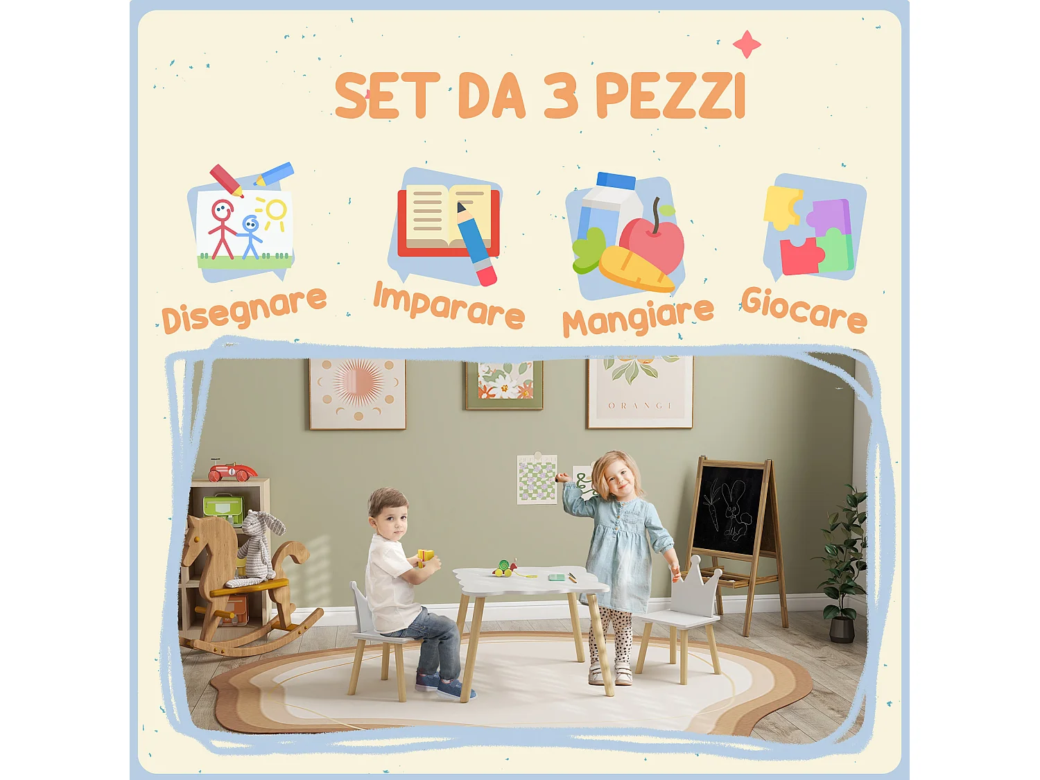 Set tavolo e 2 sedie per bambini con schienale a corona età 3-6 anni