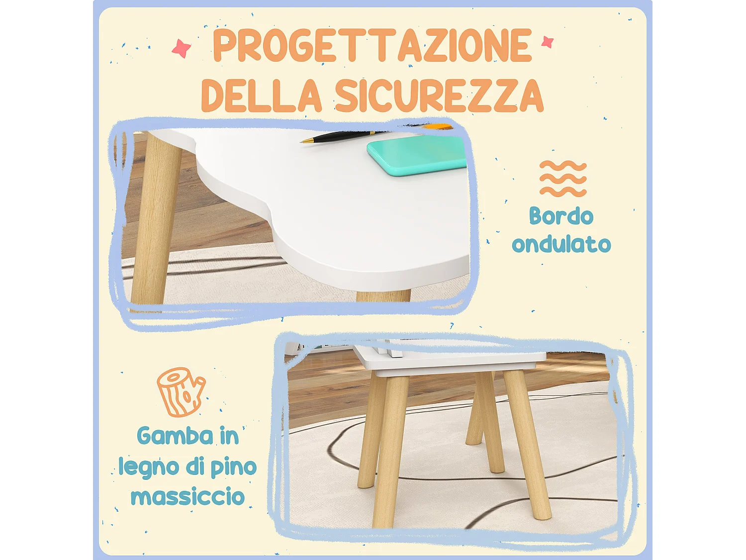 Set tavolo e 2 sedie per bambini con schienale a corona età 3-6 anni