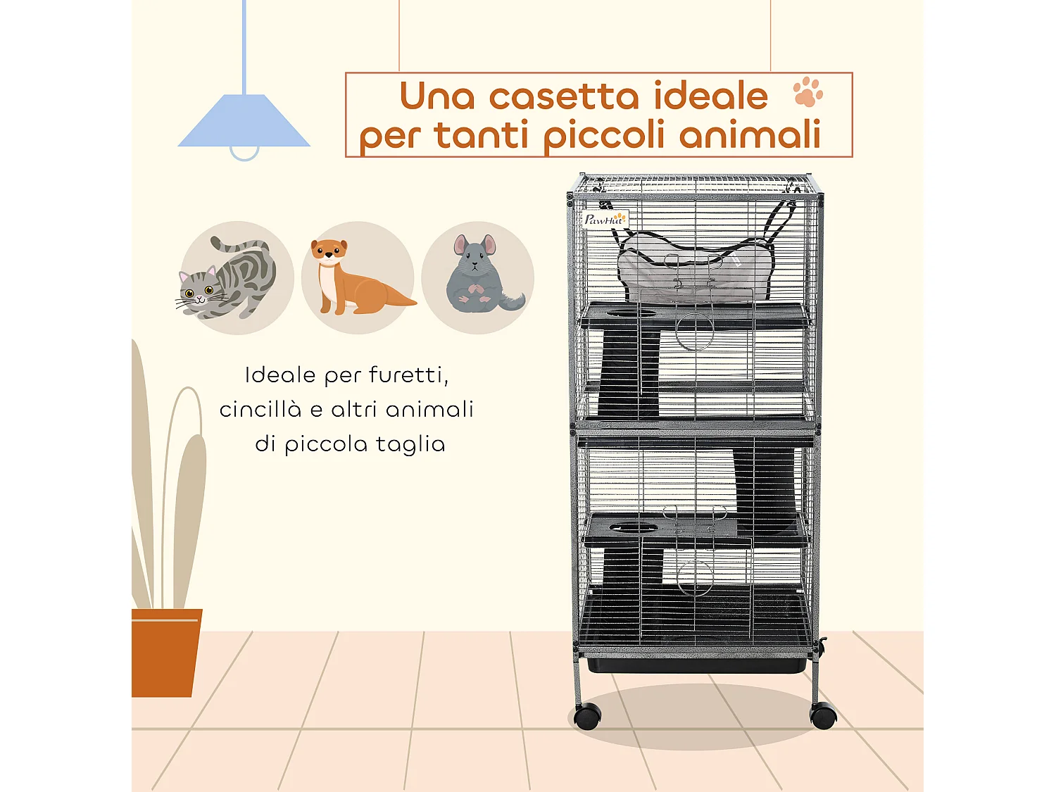 Gabbia acciaio per roditori, 3 piani, 4 ruote, amaca e vassoio rimovibile