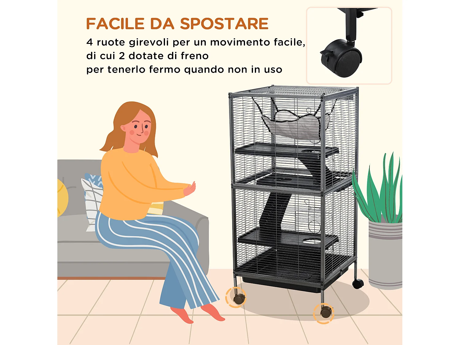 Gabbia acciaio per roditori, 3 piani, 4 ruote, amaca e vassoio rimovibile