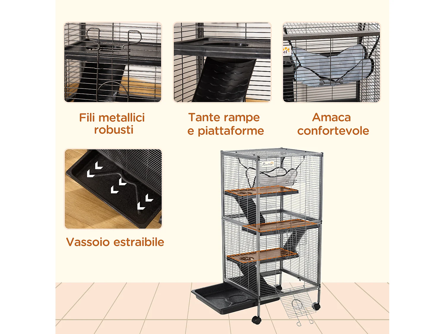Gabbia acciaio per roditori, 3 piani, 4 ruote, amaca e vassoio rimovibile