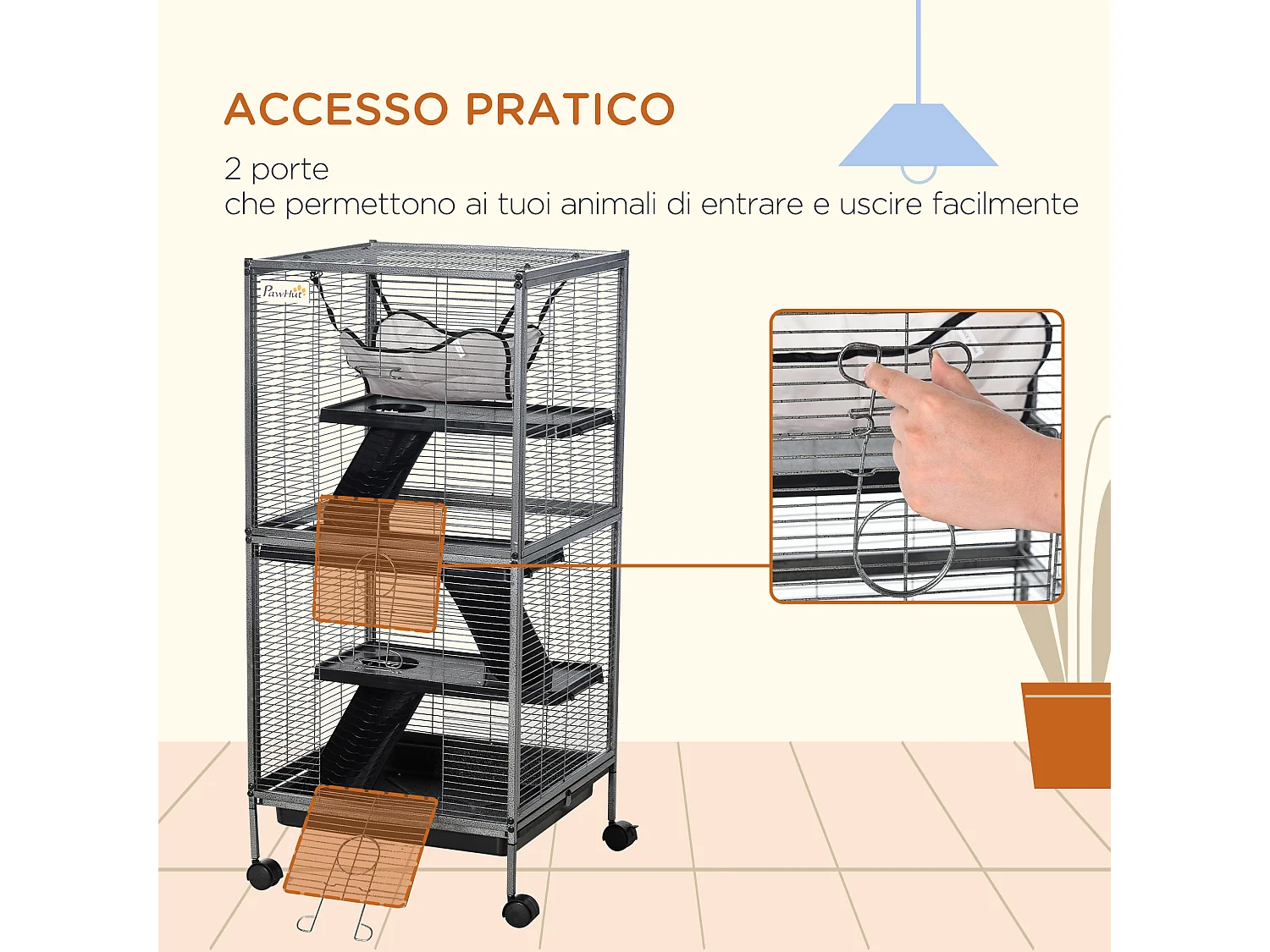 Gabbia acciaio per roditori, 3 piani, 4 ruote, amaca e vassoio rimovibile