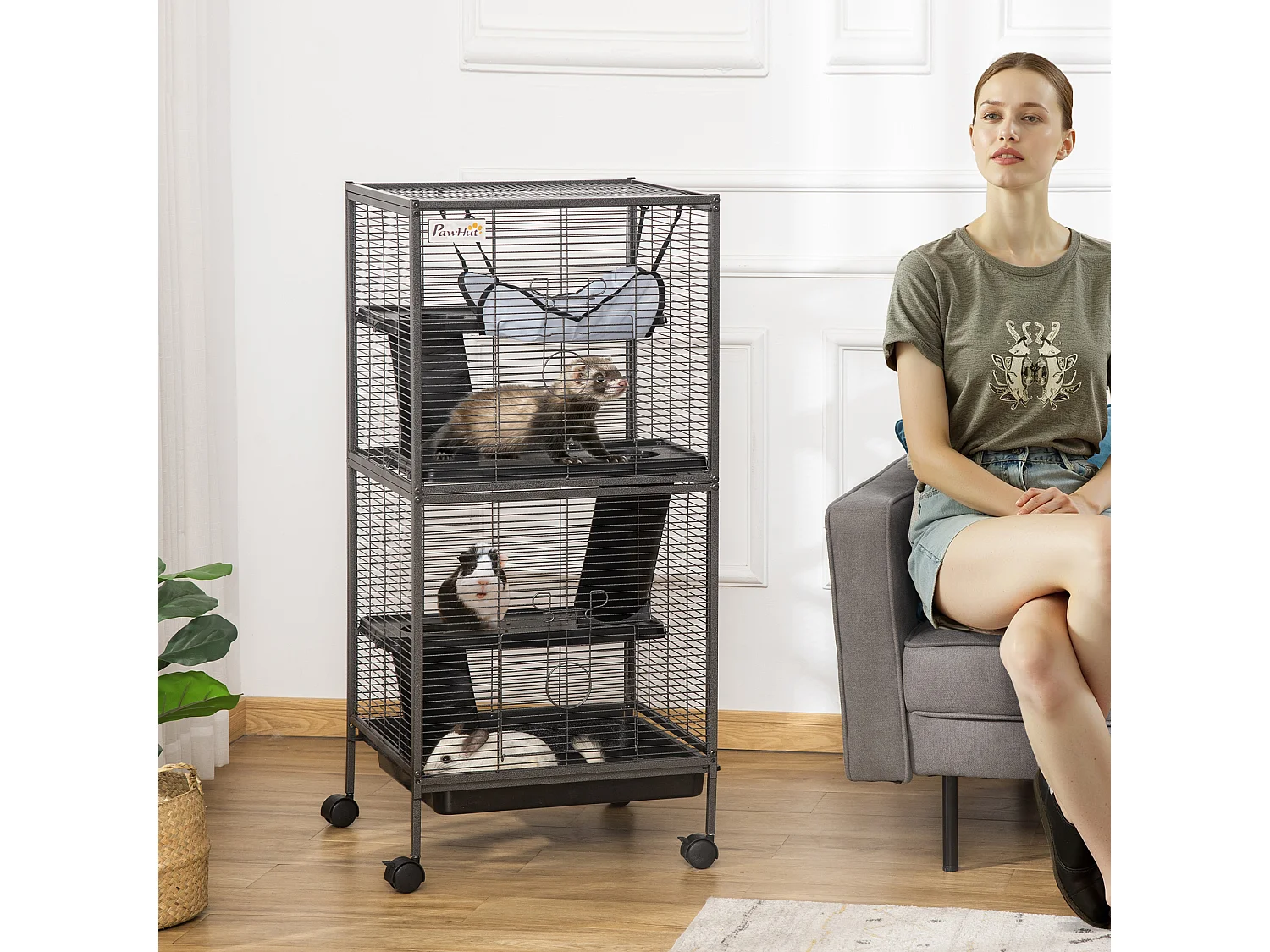 Gabbia acciaio per roditori, 3 piani, 4 ruote, amaca e vassoio rimovibile