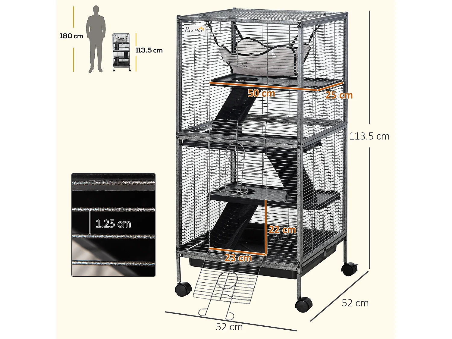 Gabbia acciaio per roditori, 3 piani, 4 ruote, amaca e vassoio rimovibile
