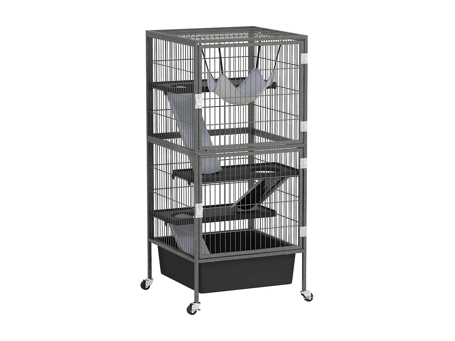 Gabbia per piccoli animali a 4 livelli con rampe, amaca e ruote grigio
