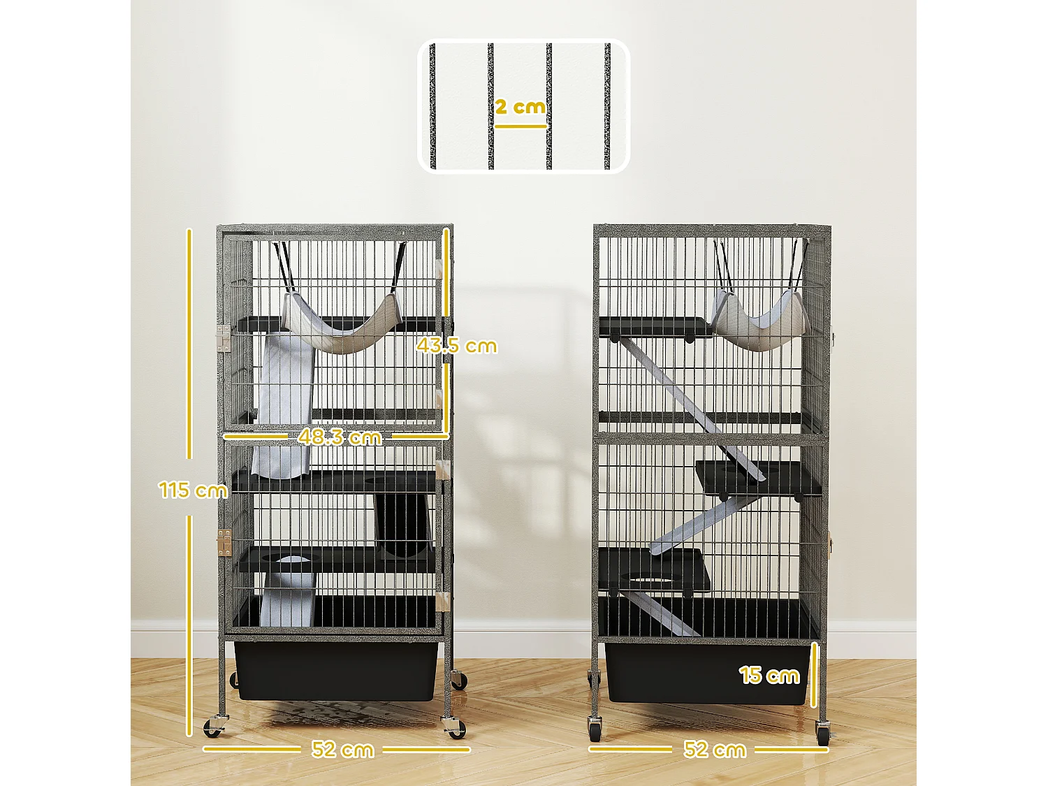 Gabbia per piccoli animali a 4 livelli con rampe, amaca e ruote grigio