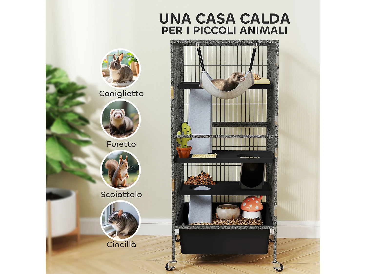Gabbia per piccoli animali a 4 livelli con rampe, amaca e ruote grigio