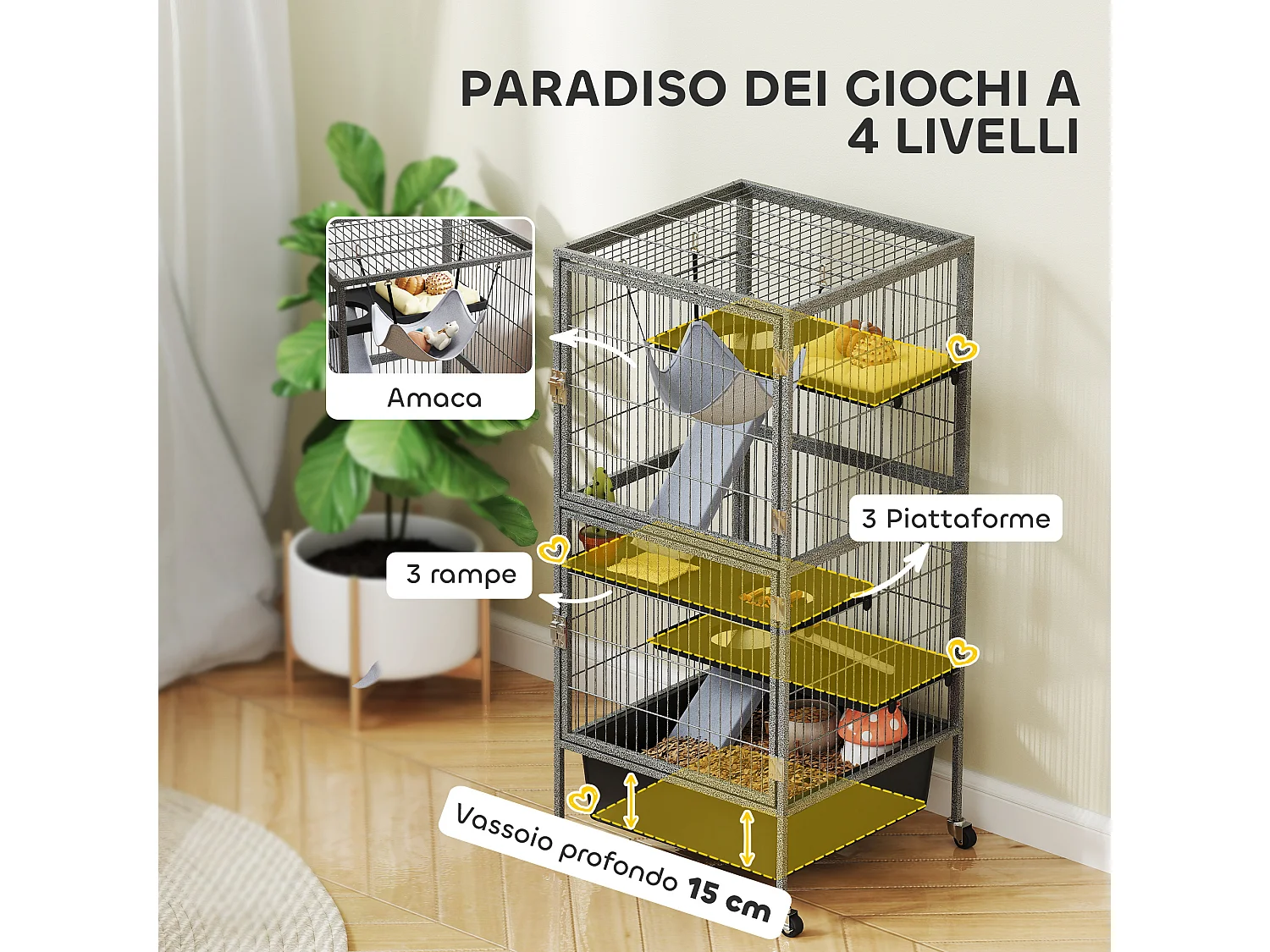 Gabbia per piccoli animali a 4 livelli con rampe, amaca e ruote grigio