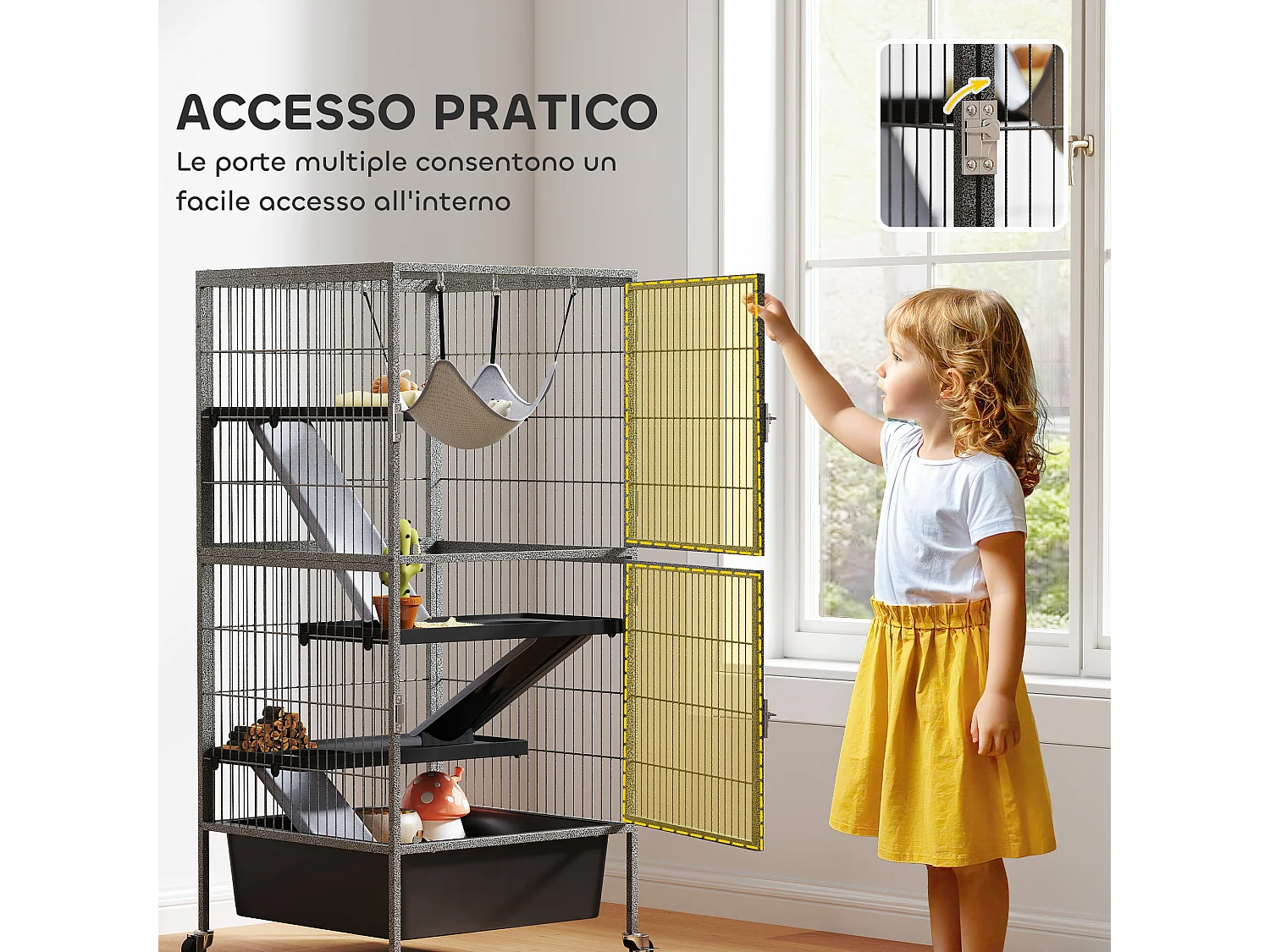 Gabbia per piccoli animali a 4 livelli con rampe, amaca e ruote grigio