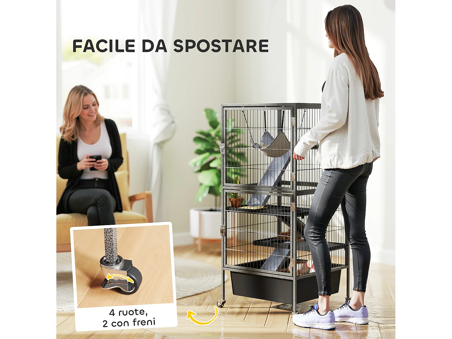 Gabbia per piccoli animali a 4 livelli con rampe, amaca e ruote grigio