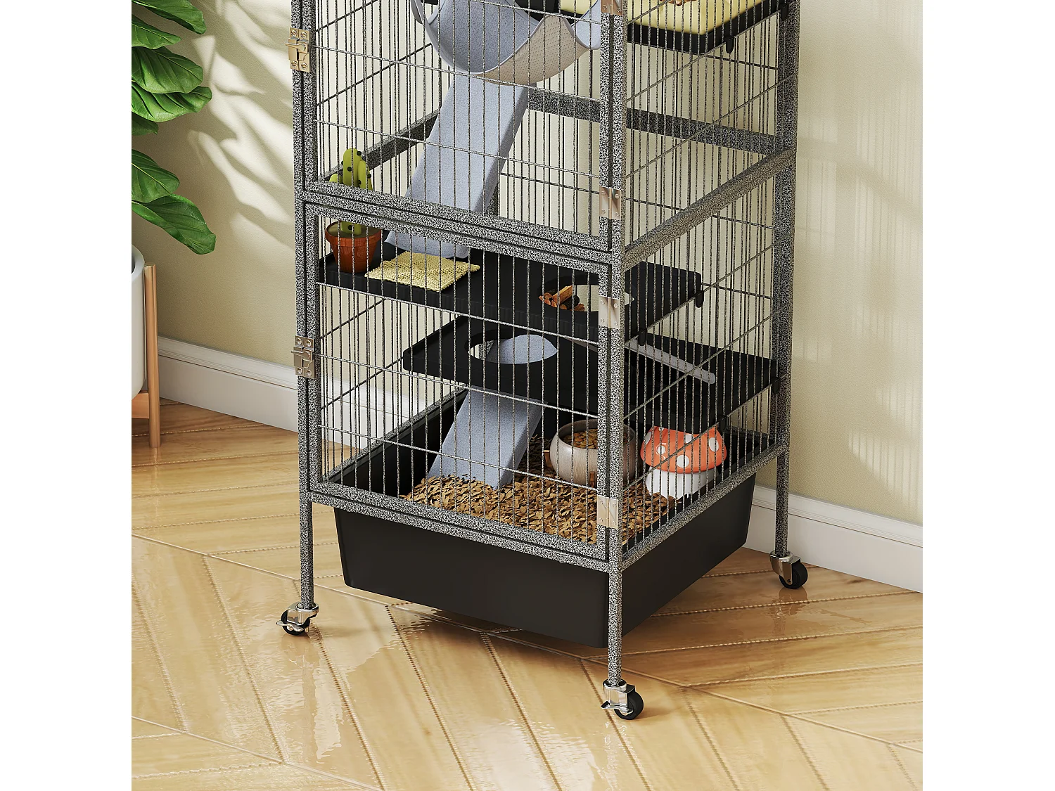 Gabbia per piccoli animali a 4 livelli con rampe, amaca e ruote grigio