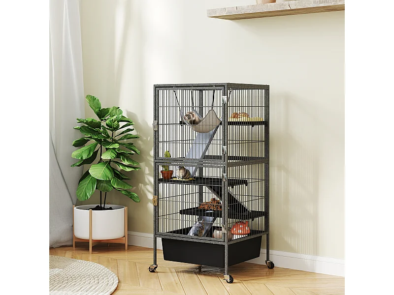 Gabbia per piccoli animali a 4 livelli con rampe, amaca e ruote grigio