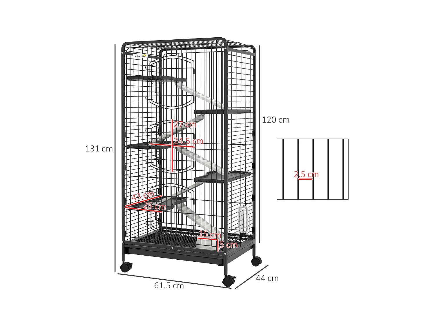 Gabbia per piccoli animali con ruote, 5 rampe e 5 piani 61.5x44x131cm