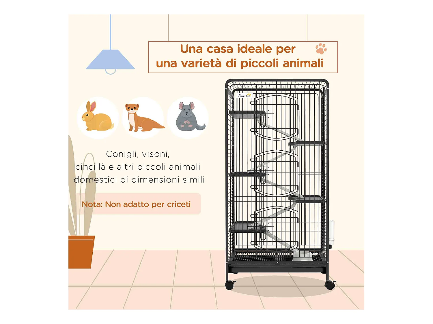 Gabbia per piccoli animali con ruote, 5 rampe e 5 piani 61.5x44x131cm