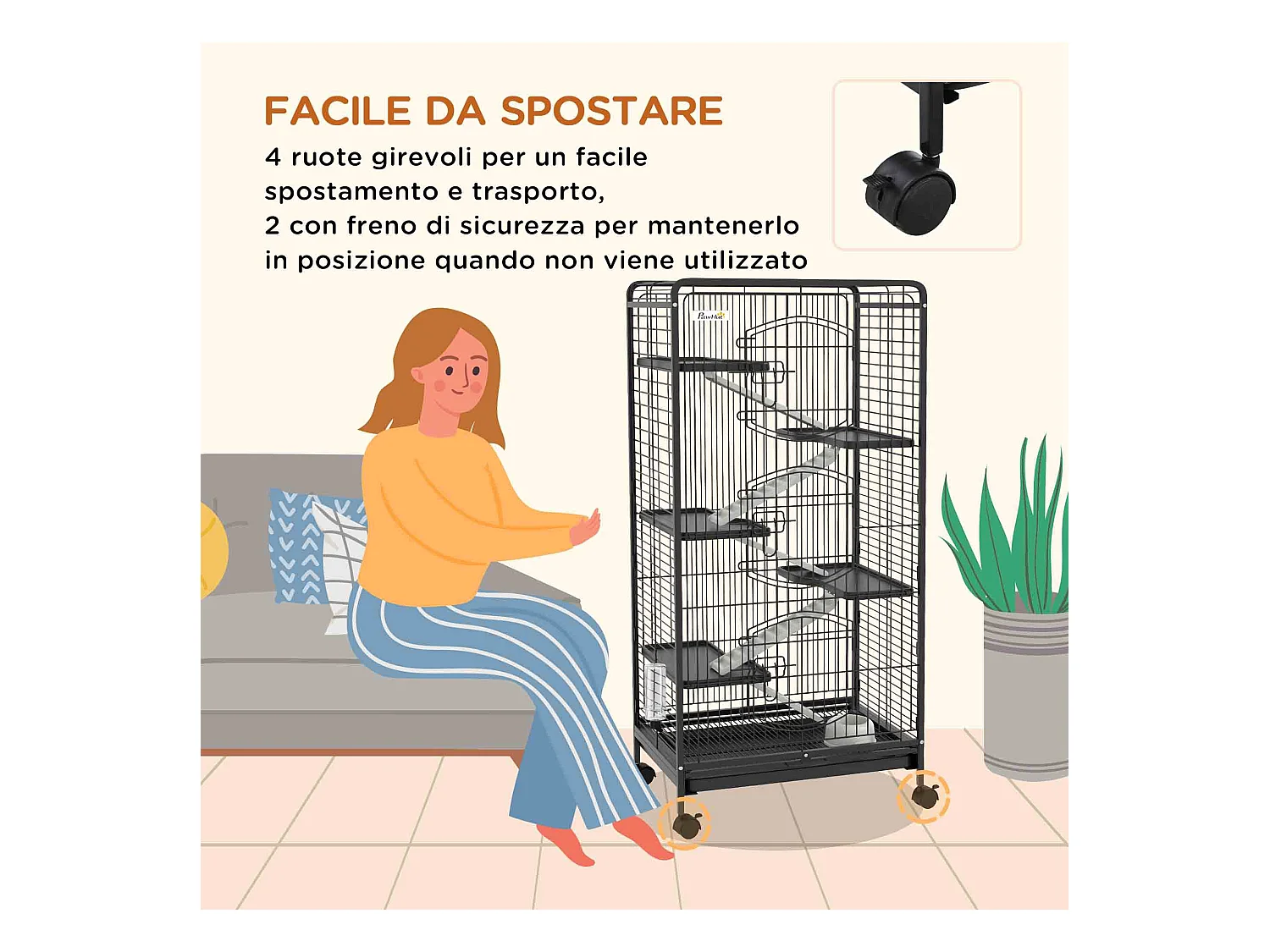 Gabbia per piccoli animali con ruote, 5 rampe e 5 piani 61.5x44x131cm