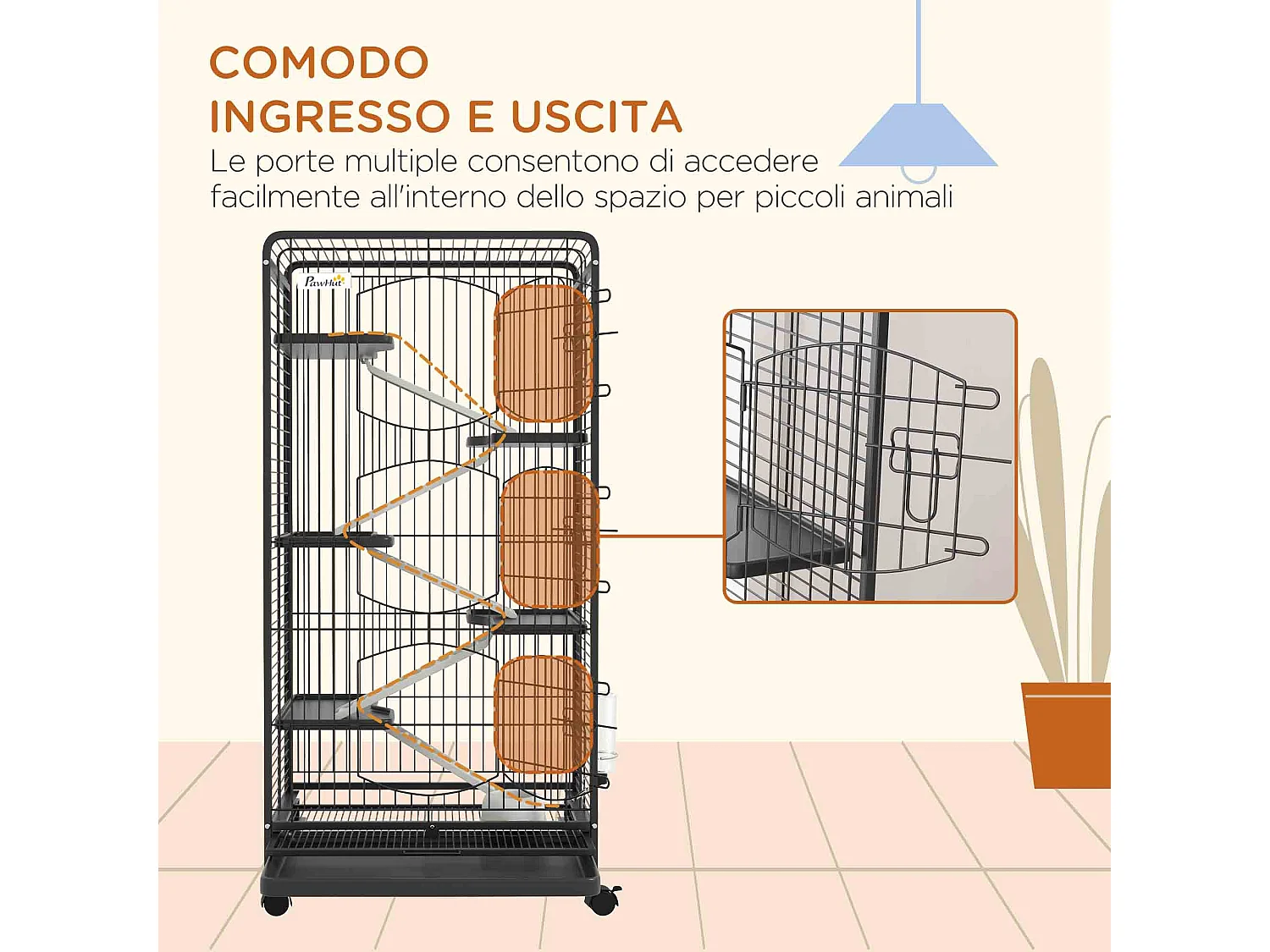 Gabbia per piccoli animali con ruote, 5 rampe e 5 piani 61.5x44x131cm