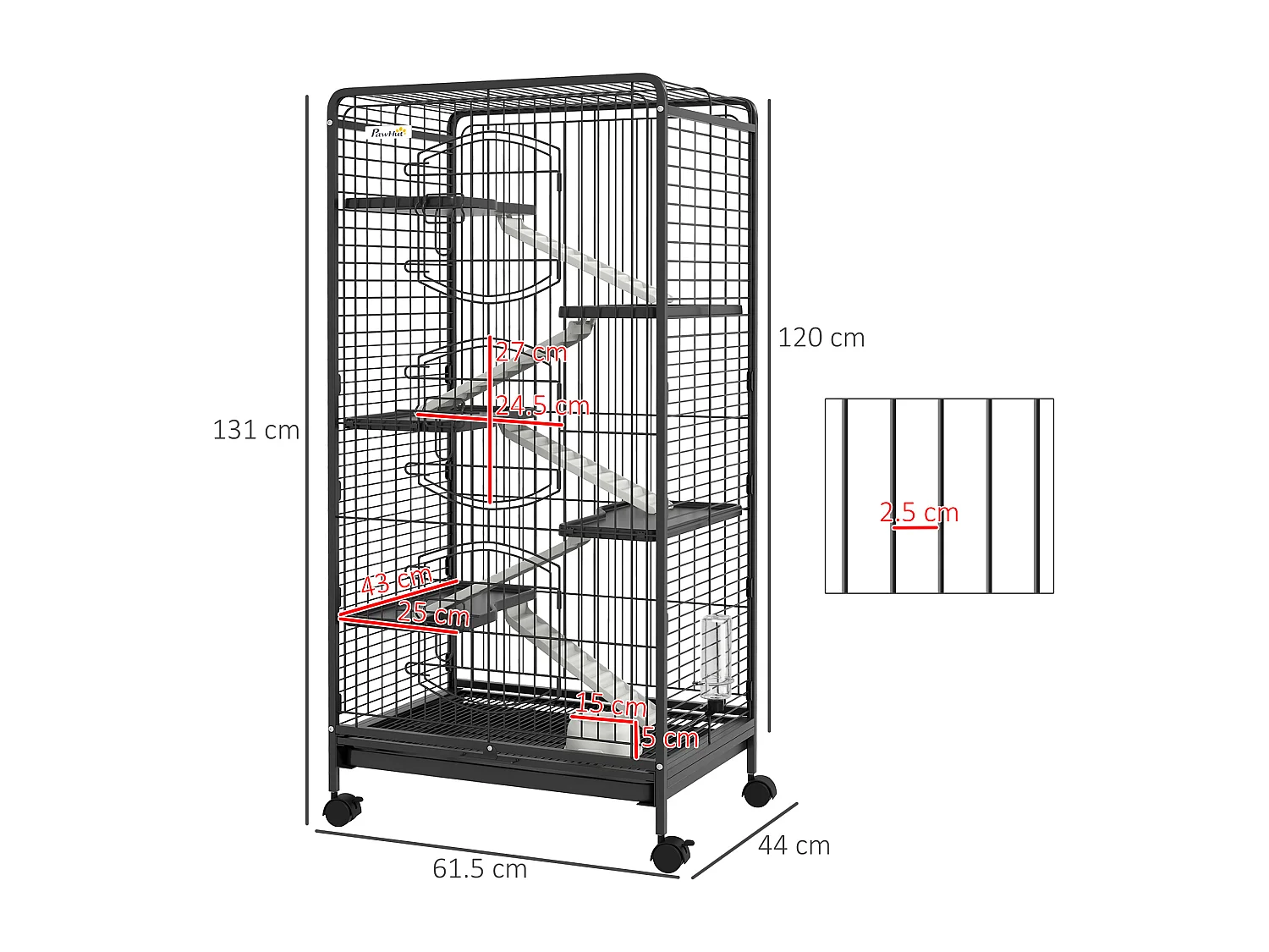 Gabbia per piccoli animali con ruote, 5 rampe e 5 piani 61.5x44x131cm