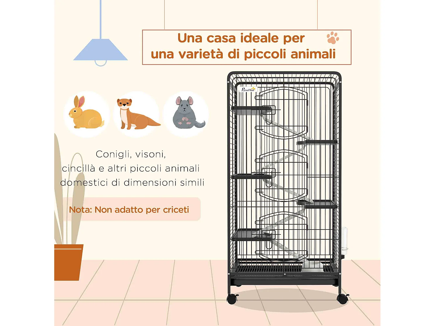 Gabbia per piccoli animali con ruote, 5 rampe e 5 piani 61.5x44x131cm