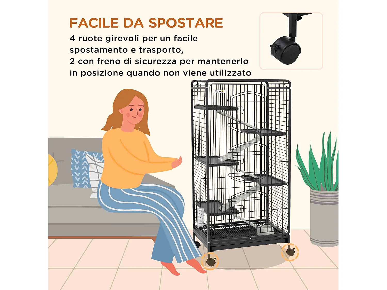 Gabbia per piccoli animali con ruote, 5 rampe e 5 piani 61.5x44x131cm