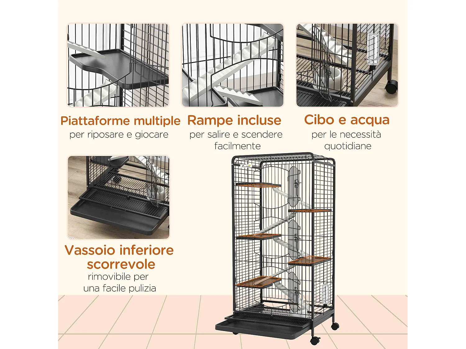 Gabbia per piccoli animali con ruote, 5 rampe e 5 piani 61.5x44x131cm
