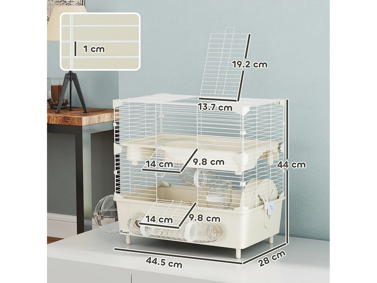 Gabbia per criceti a 2 livelli e 3 porte con ruota e tubi crema e bianco
