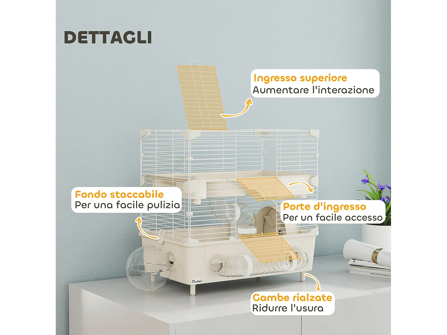 Gabbia per criceti a 2 livelli e 3 porte con ruota e tubi crema e bianco