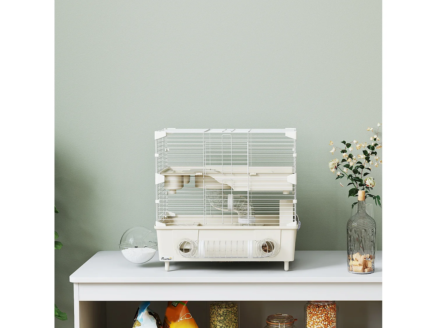 Gabbia per criceti a 2 livelli e 3 porte con ruota e tubi crema e bianco