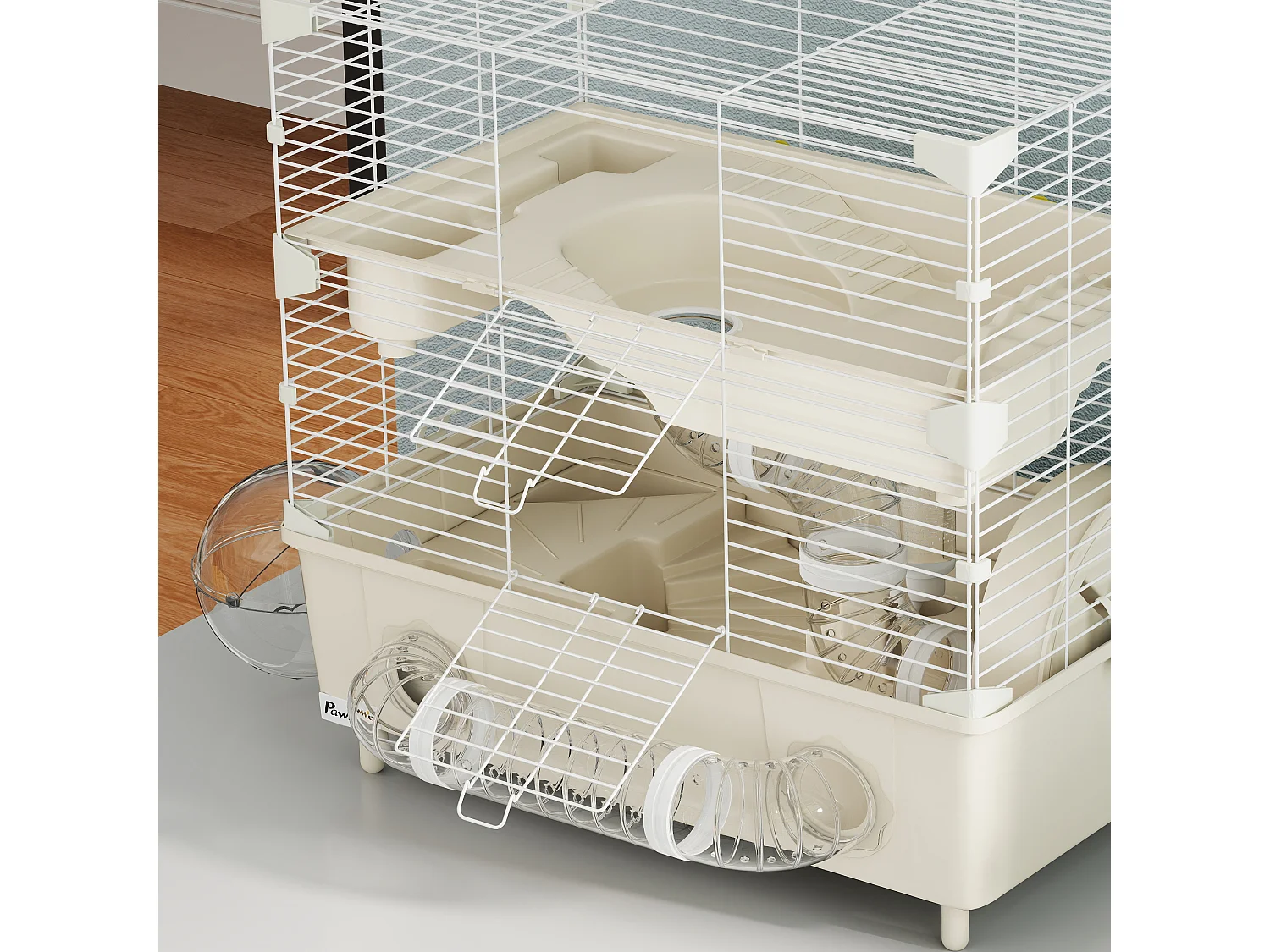 Gabbia per criceti a 2 livelli e 3 porte con ruota e tubi crema e bianco