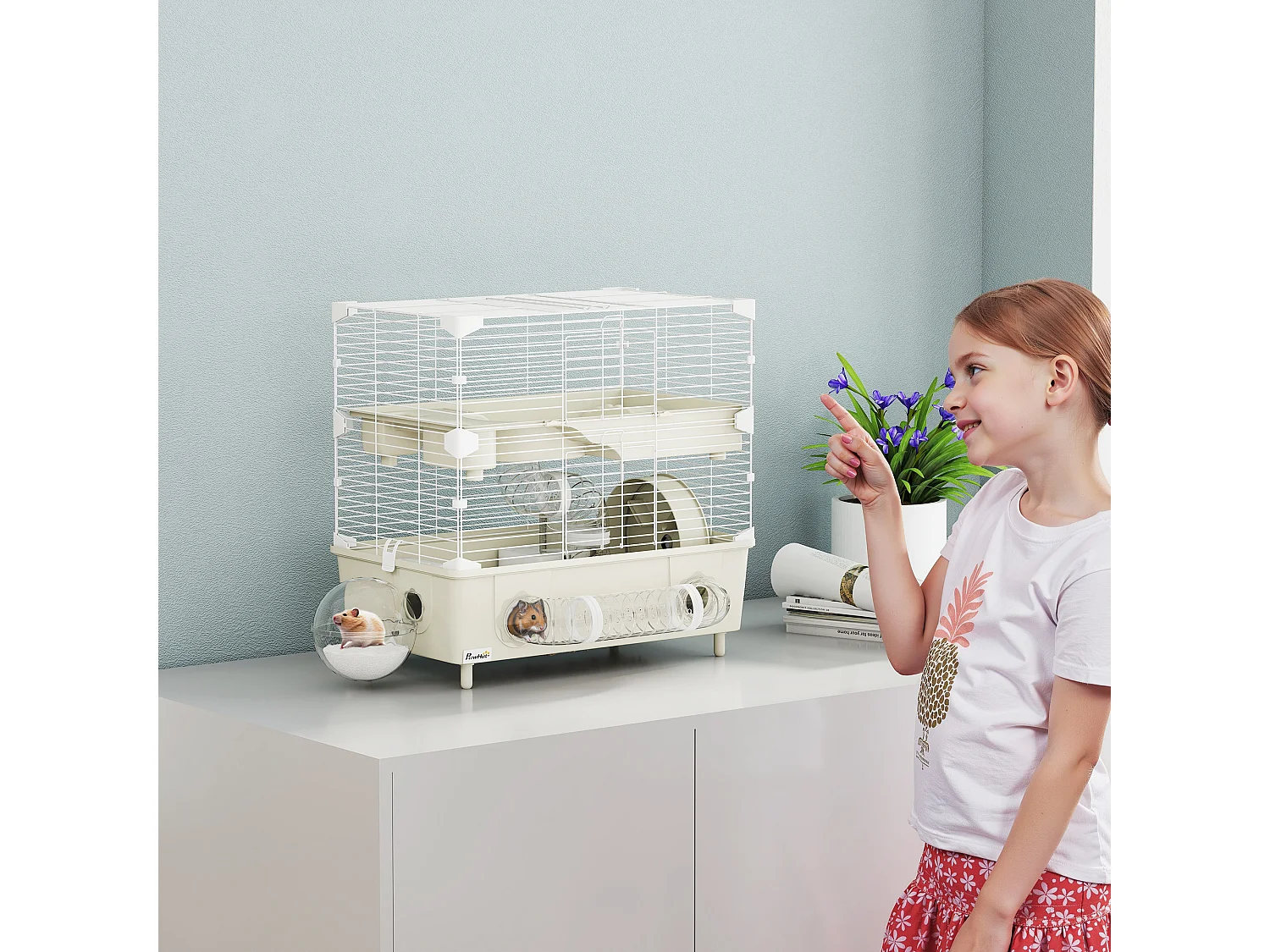 Gabbia per criceti a 2 livelli e 3 porte con ruota e tubi crema e bianco