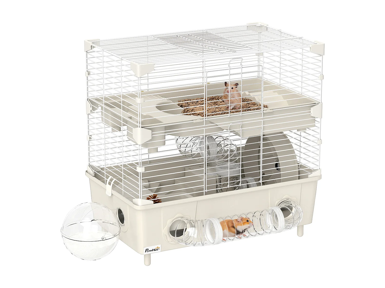 Gabbia per criceti a 2 livelli e 3 porte con ruota e tubi crema e bianco