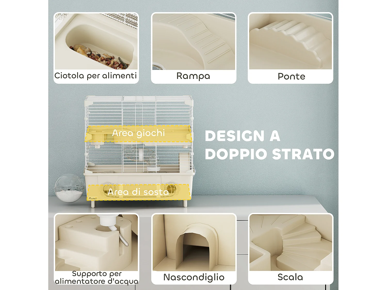 Gabbia per criceti a 2 livelli e 3 porte con ruota e tubi crema e bianco