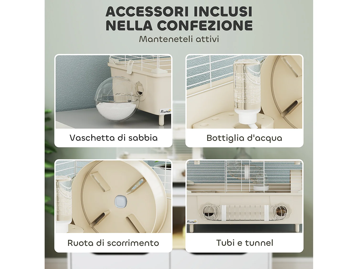 Gabbia per criceti a 2 livelli e 3 porte con ruota e tubi crema e bianco