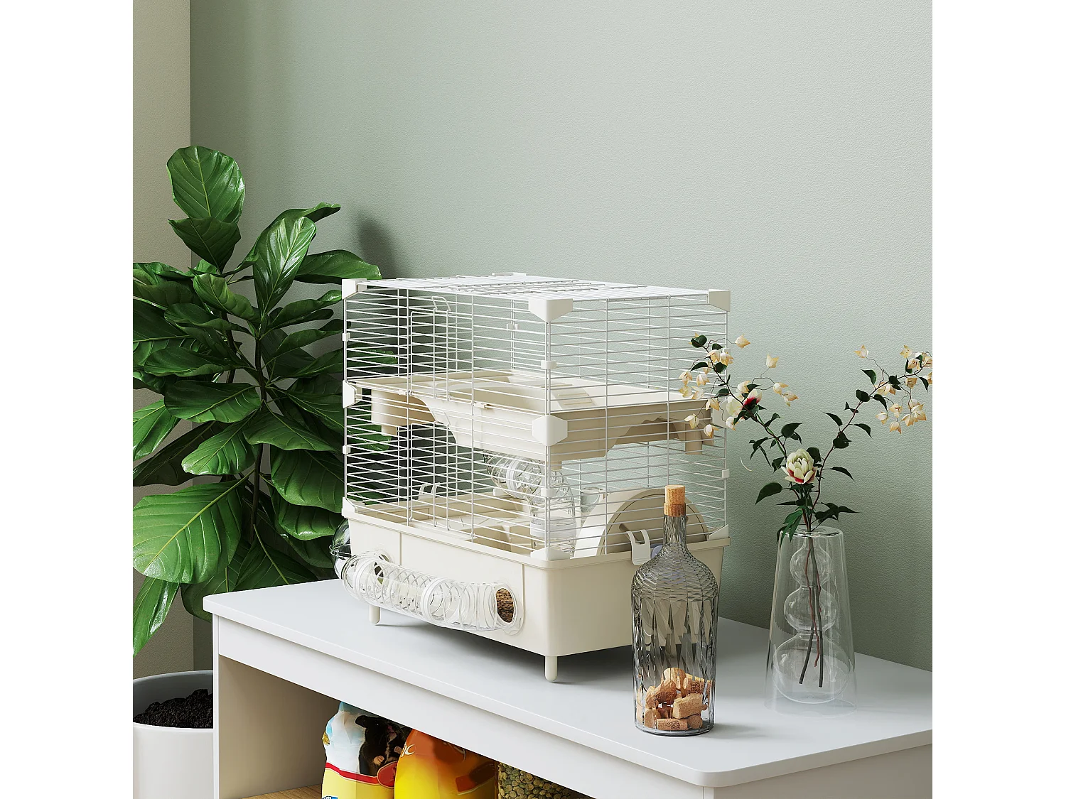 Gabbia per criceti a 2 livelli e 3 porte con ruota e tubi crema e bianco