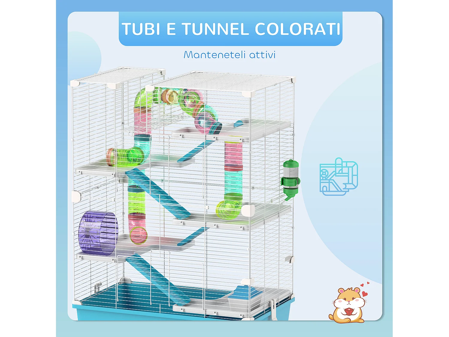 Gabbia per criceti 6 livelli con tunnel, ruota, rampe bottiglia e ciotola