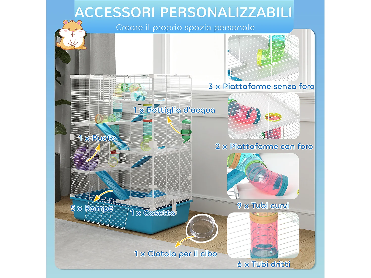 Gabbia per criceti 6 livelli con tunnel, ruota, rampe bottiglia e ciotola