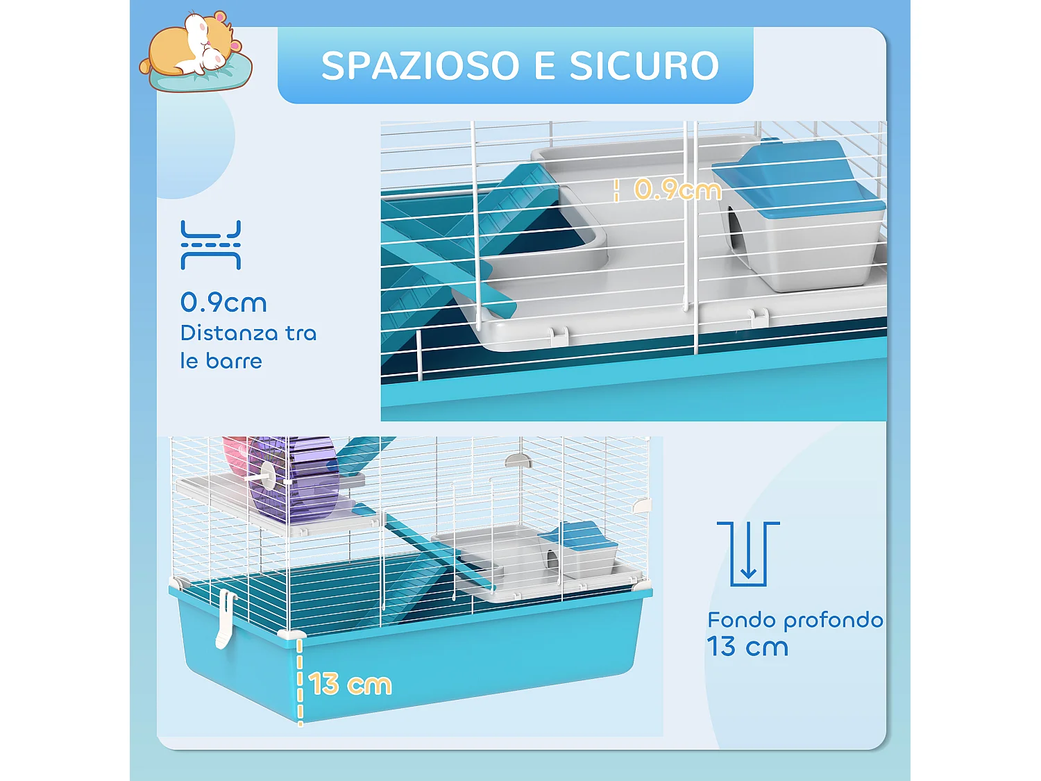 Gabbia per criceti 6 livelli con tunnel, ruota, rampe bottiglia e ciotola