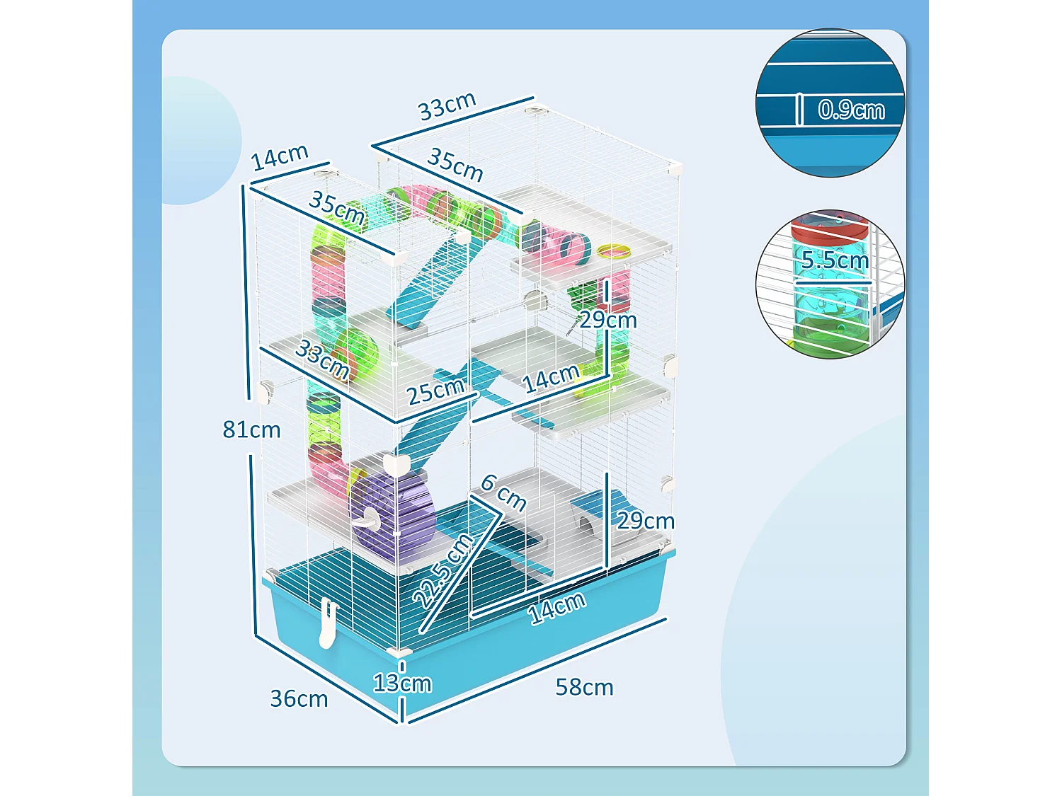 Gabbia per criceti 6 livelli con tunnel, ruota, rampe bottiglia e ciotola