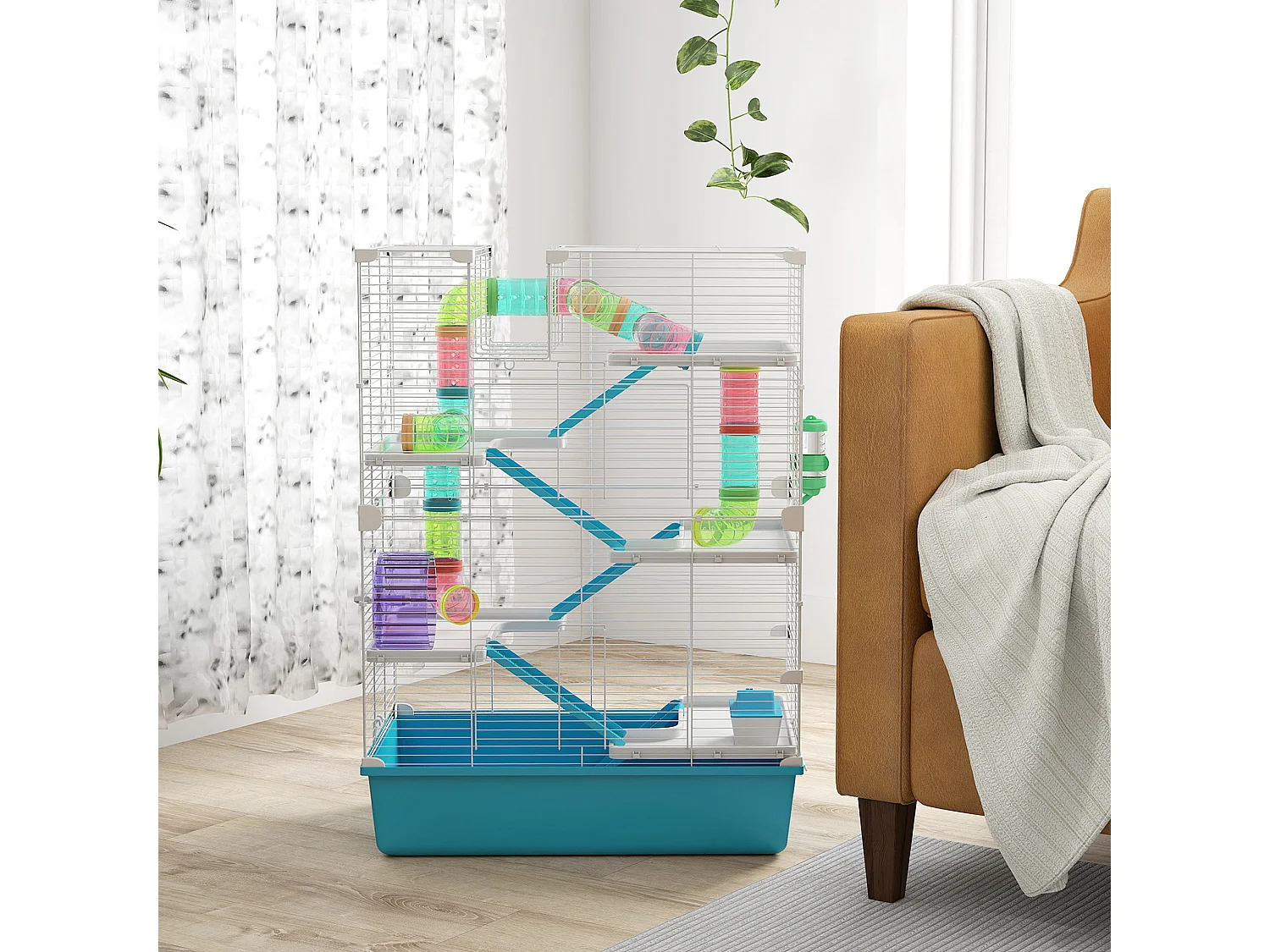 Gabbia per criceti 6 livelli con tunnel, ruota, rampe bottiglia e ciotola