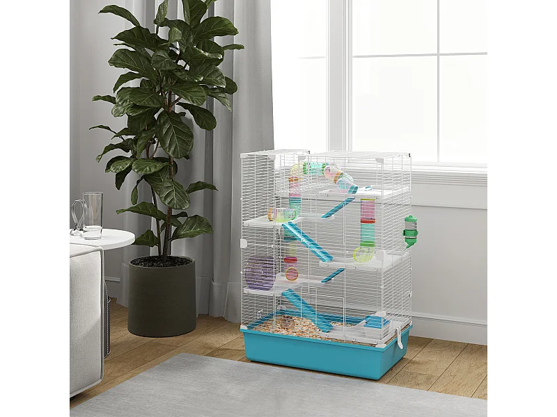 Gabbia per criceti 6 livelli con tunnel, ruota, rampe bottiglia e ciotola