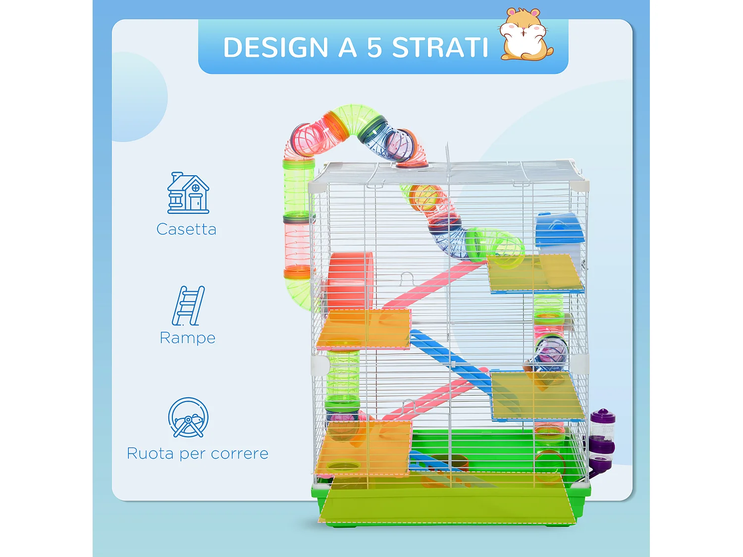 Gabbia per criceti e piccoli roditori 5 livelli, accessori gioco e cibo