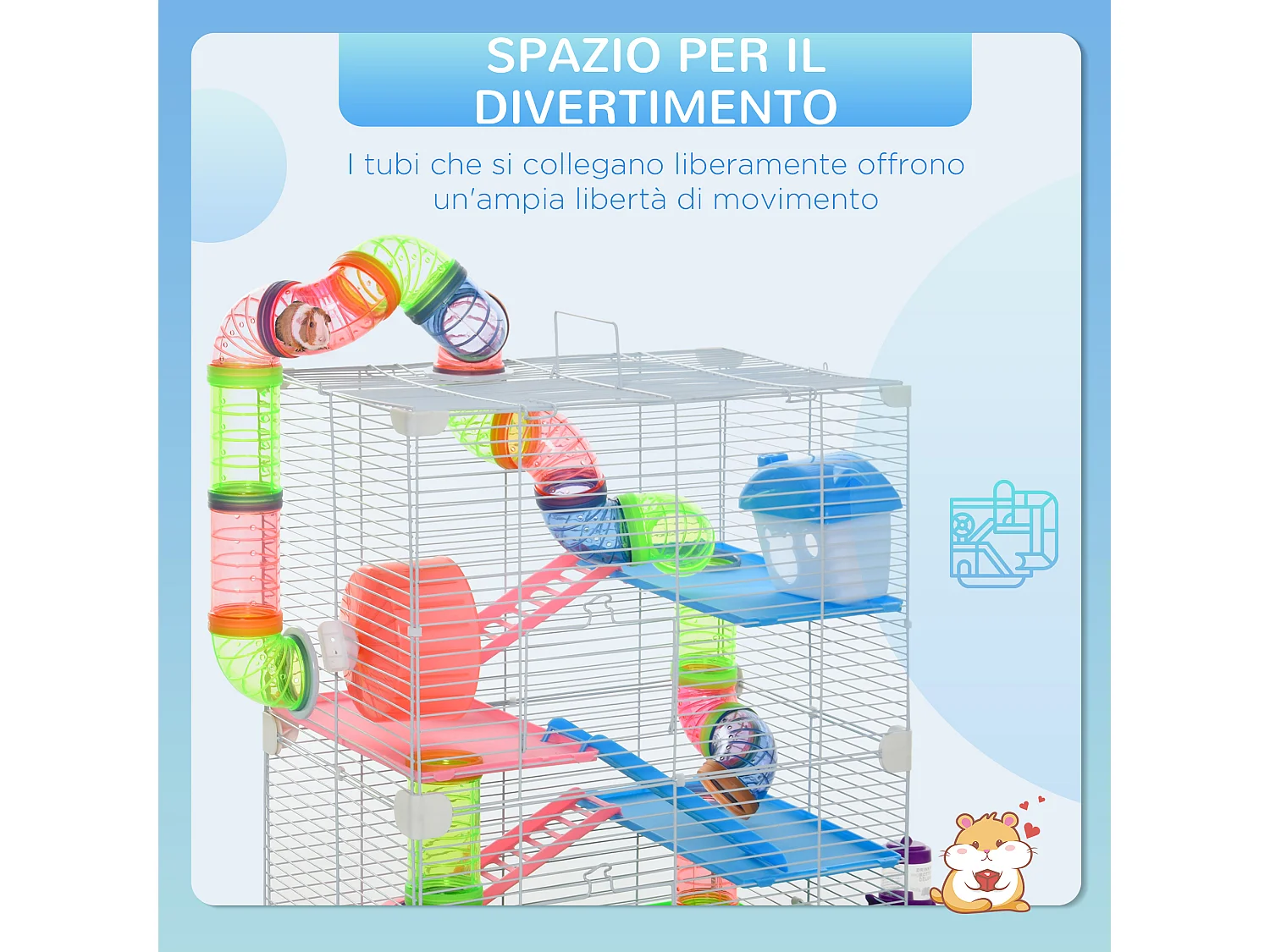 Gabbia per criceti e piccoli roditori 5 livelli, accessori gioco e cibo