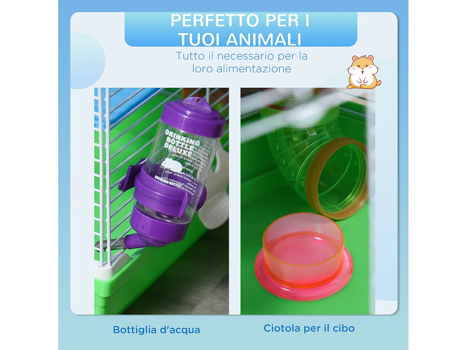 Gabbia per criceti e piccoli roditori 5 livelli, accessori gioco e cibo