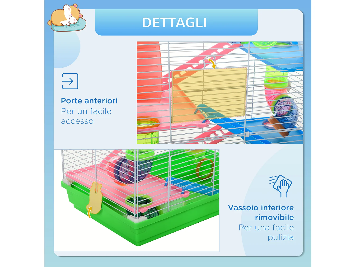 Gabbia per criceti e piccoli roditori 5 livelli, accessori gioco e cibo