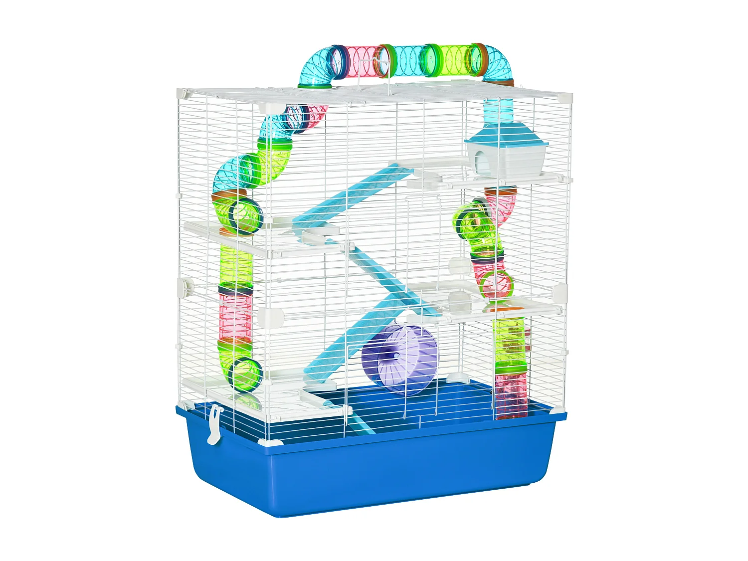Gabbia per criceti a 5 livelli in acciaio e plastica blu e bianca