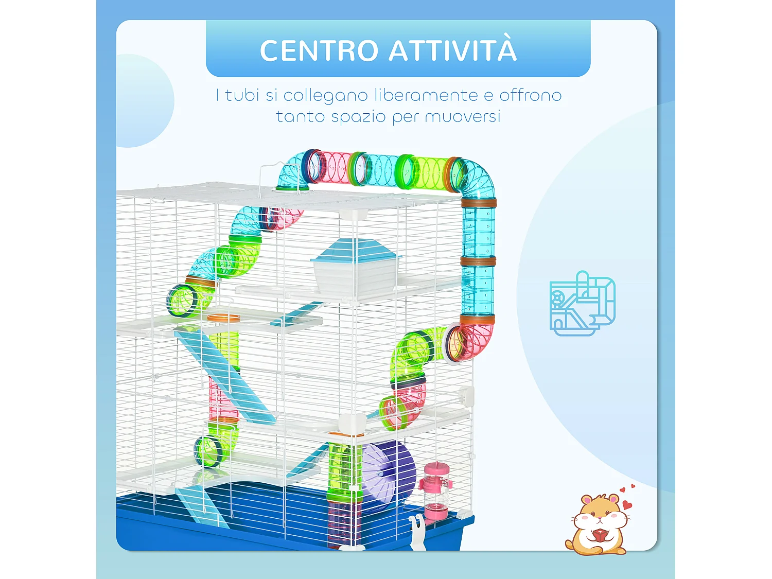 Gabbia per criceti a 5 livelli in acciaio e plastica blu e bianca