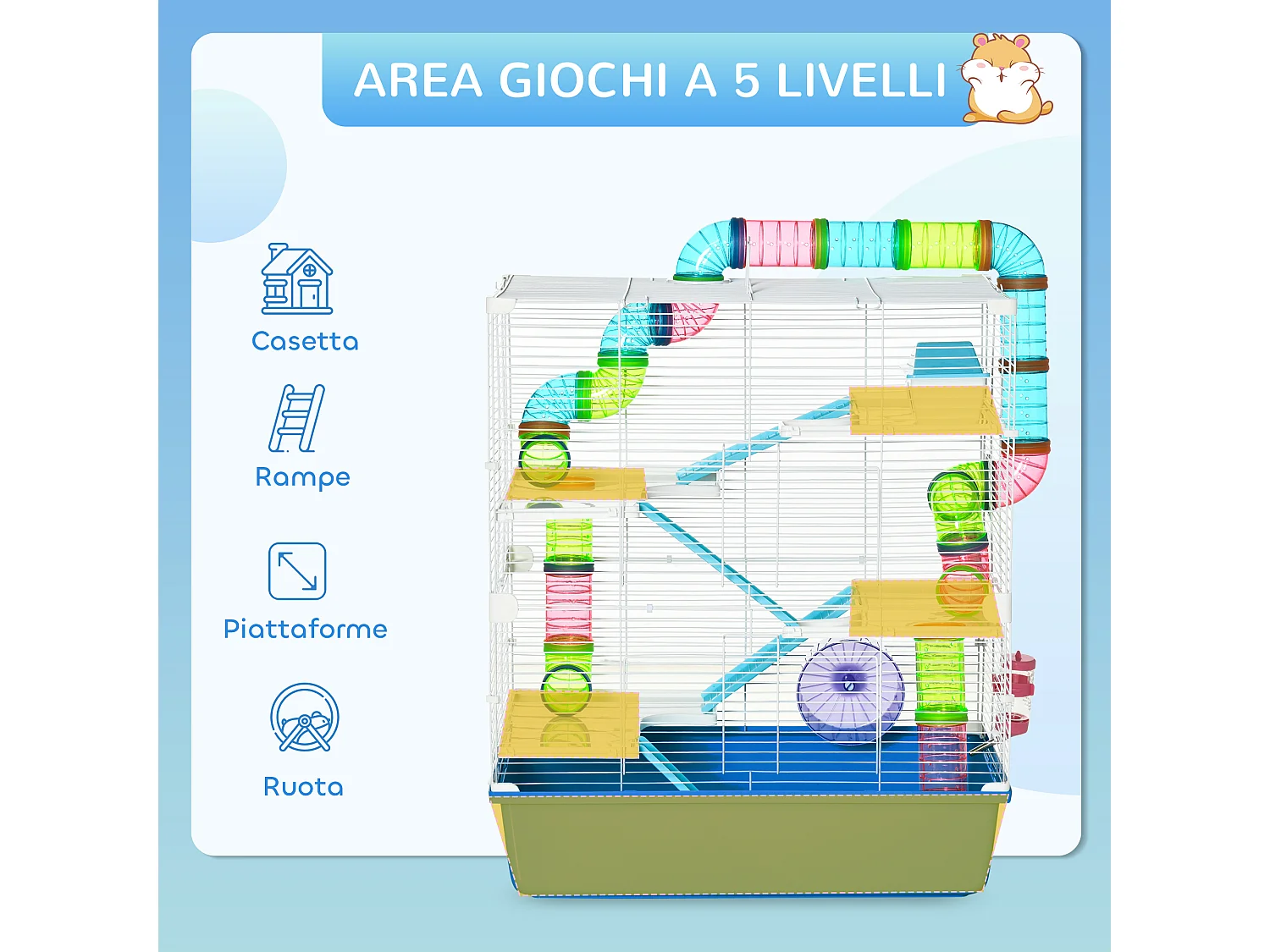 Gabbia per criceti a 5 livelli in acciaio e plastica blu e bianca