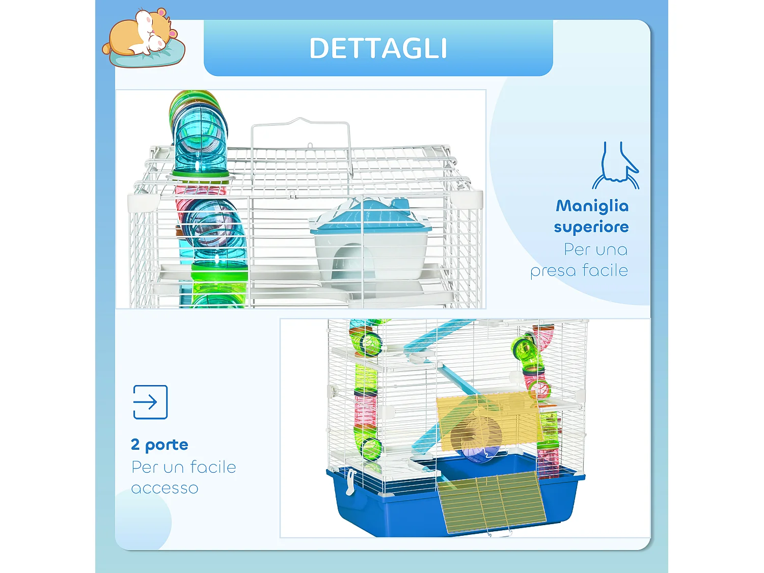 Gabbia per criceti a 5 livelli in acciaio e plastica blu e bianca