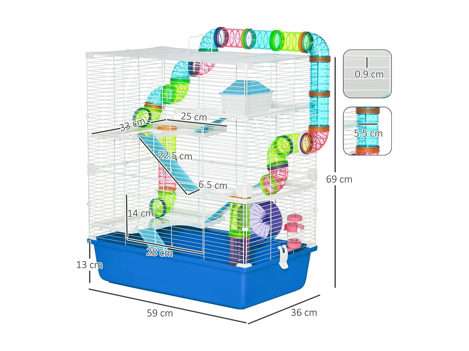 Gabbia per criceti a 5 livelli in acciaio e plastica blu e bianca