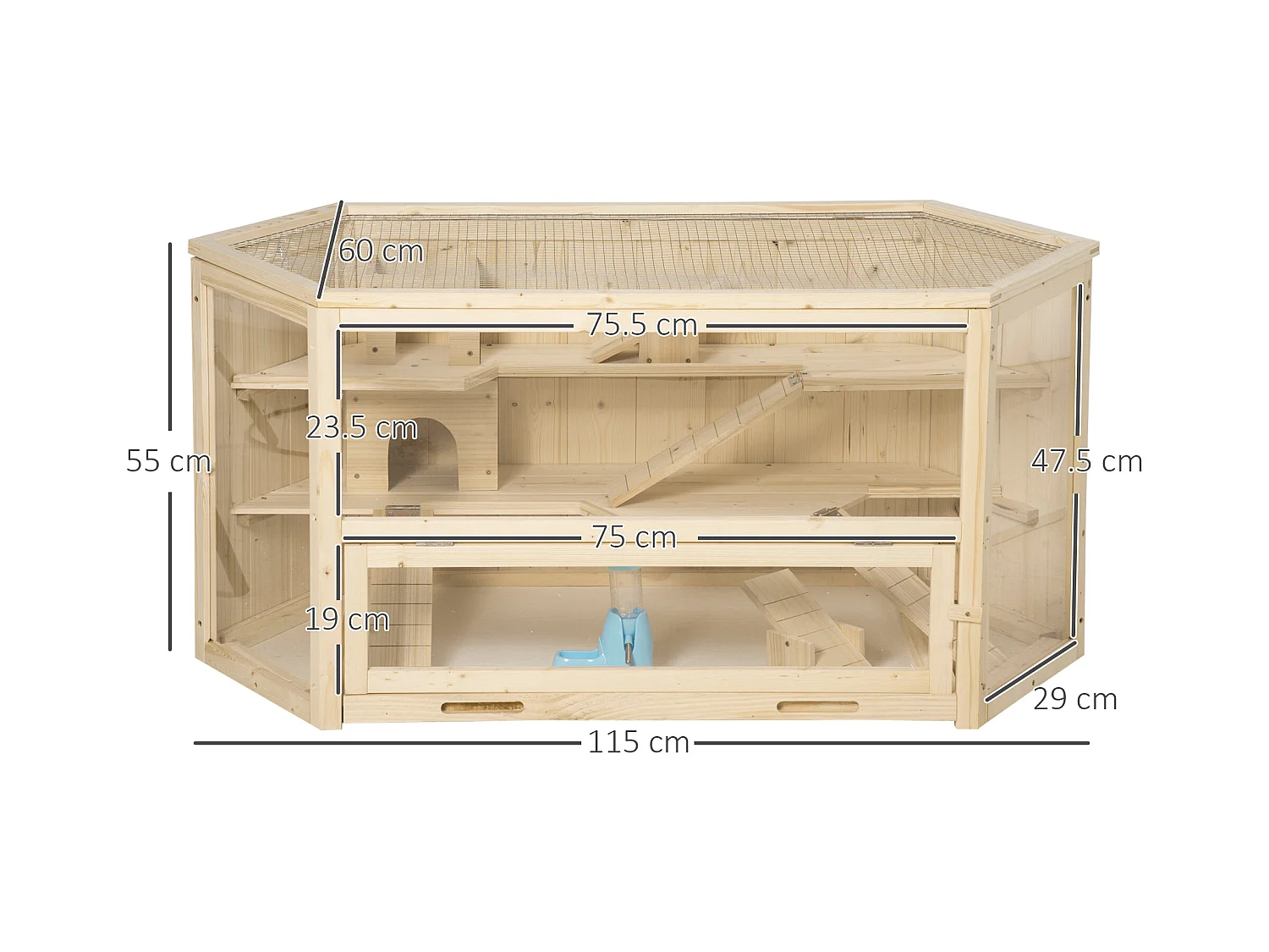 Casetta per criceti in legno 3 livelli tetto apribile parete trasparente